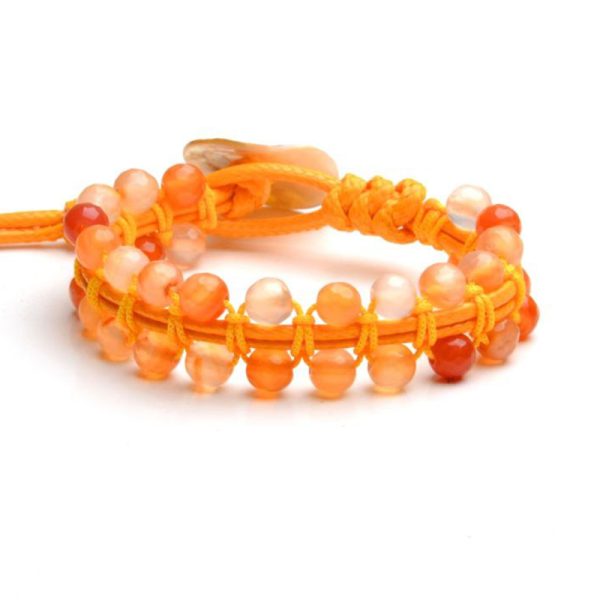 دستبند عقیق نارنجی دو ردیفه به همراه چرم مصنوعی